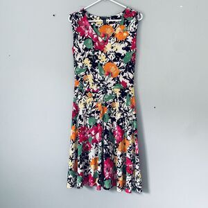 Lauren Ralph Lauren Dress Size Small Black Orange Pink Floral Faux Wrap Lined